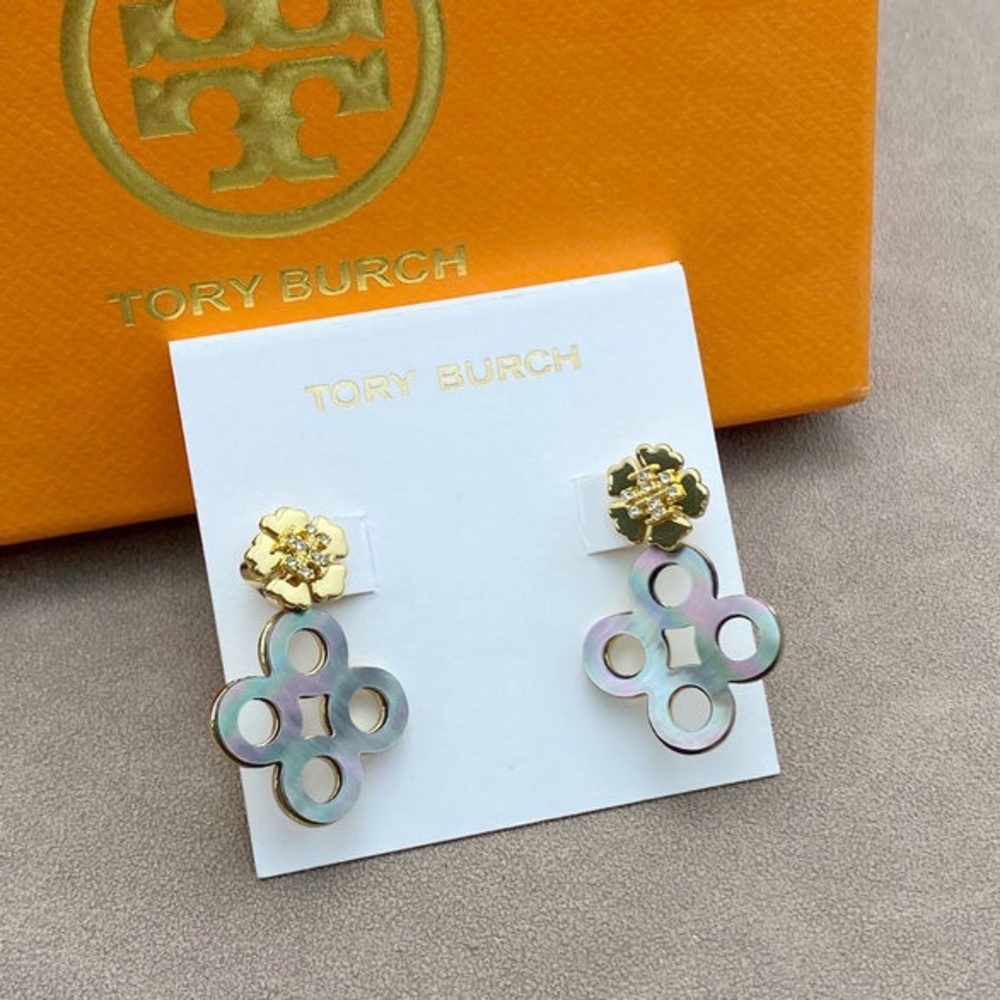 Tory Burch Gold Logo flower design with diamond Earrings